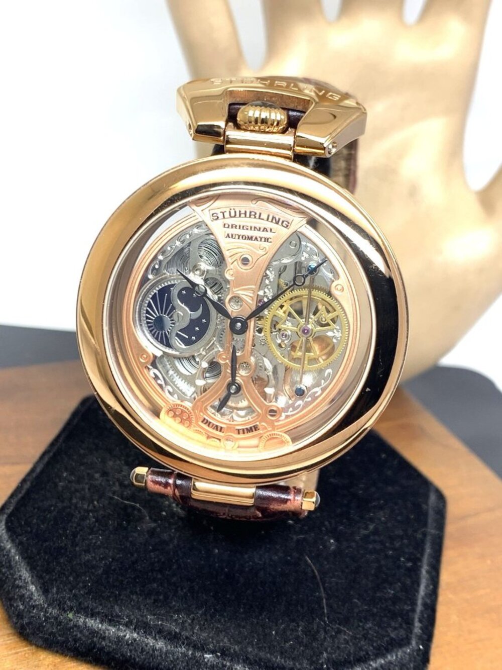 Stuhrling Men's Watch Automatic ST-91011 Rose Gold Brown Leather Strap 49mm
